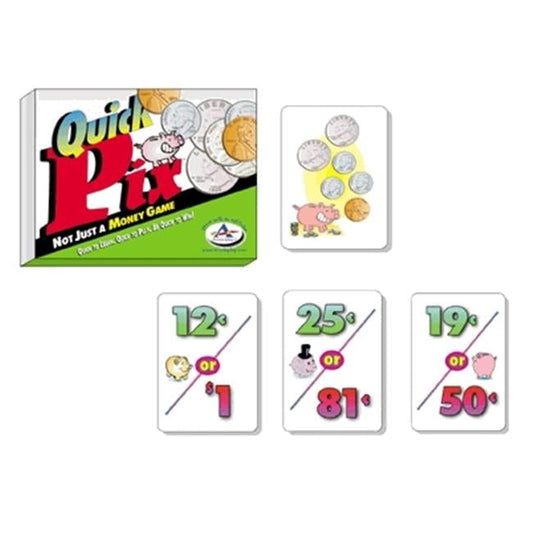 Quick Pix Money Magic card game box and cards showing coin recognition and money math gameplay with visual equivalencies