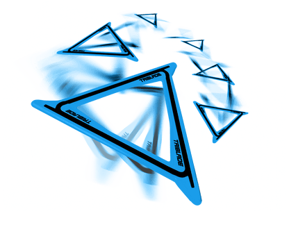 Blue boomerang with black accents shown in motion against white background with smaller boomerangs