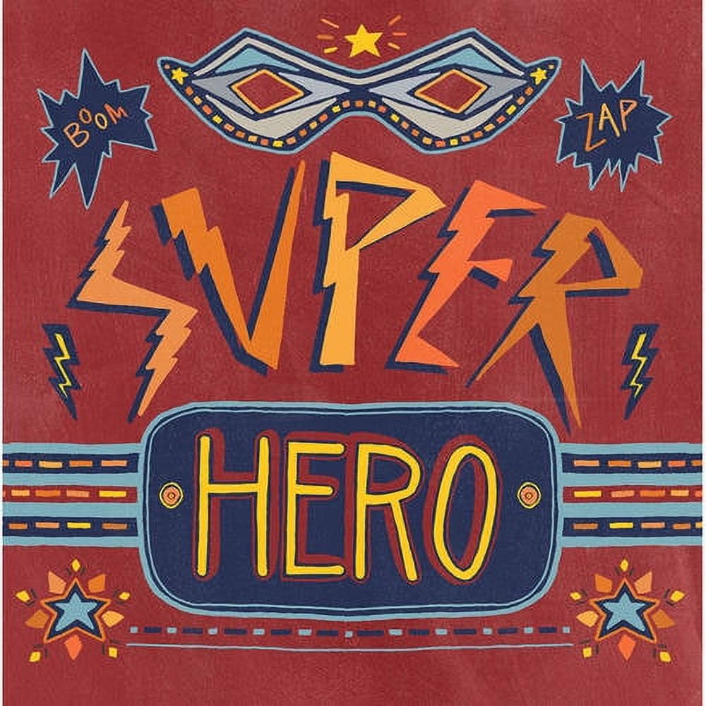 Super Hero canvas wall art with red background featuring orange and blue lightning bolt text reading "SUPER HERO", mask graphic, and comic book elements includi