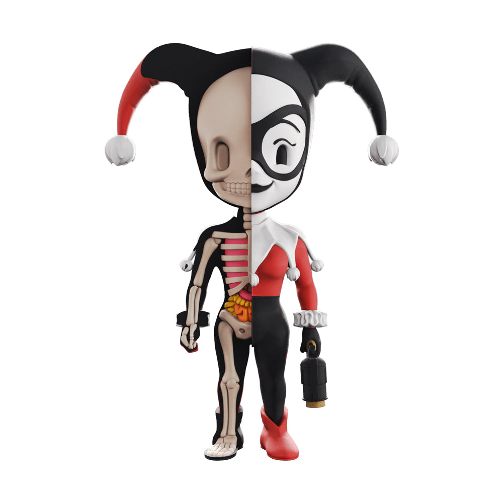 4D Master XXRAY vinyl figure showing Harley Quinn split down the middle, revealing skeleton and anatomical details on one side and colorful costume on the other