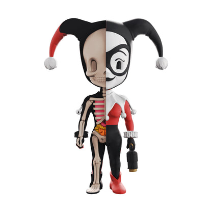 4D Master XXRAY vinyl figure showing Harley Quinn split down the middle, revealing skeleton and anatomical details on one side and colorful costume on the other