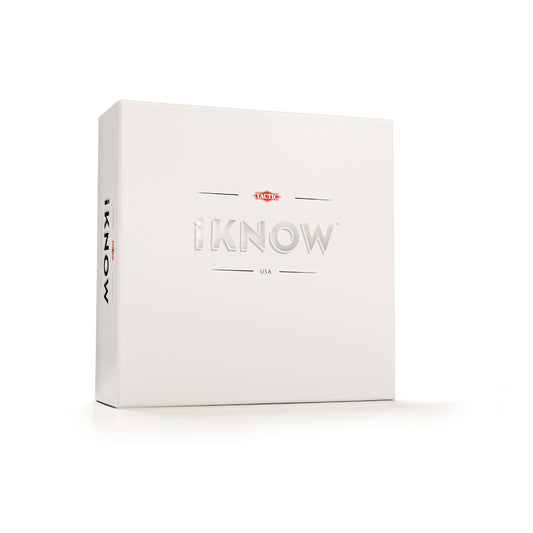 iKNOW Trivia Strategy Board Game box by Tactic, white packaging with embossed logo and red Tactic brand mark