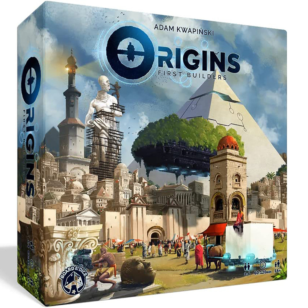 Origins: First Builders board game box showing fantasy cityscape with towers, buildings, and flying ship under cloudy sky