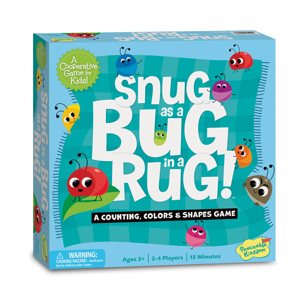 Snug as a Bug in a Rug board game box featuring colorful cartoon bugs on turquoise background, counting colors and shapes game for ages 3+