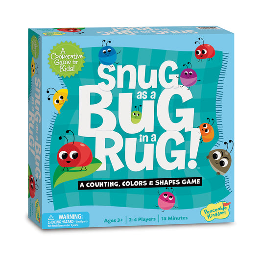 Snug as a Bug in a Rug board game box featuring colorful cartoon bugs on turquoise background, counting colors and shapes game for ages 3+