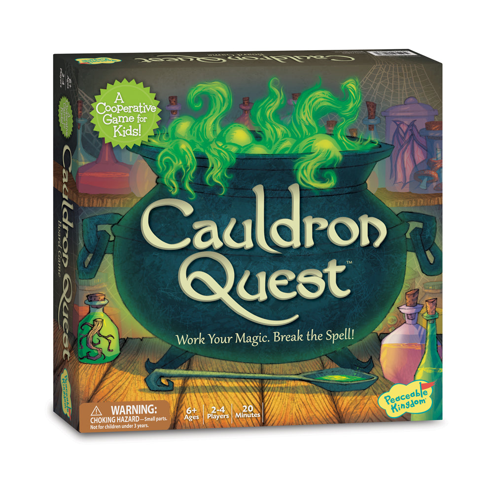 Cauldron Quest board game box featuring a glowing green cauldron with magical swirling potion, fantasy-themed background, and text reading 'Work Your Magic. Bre