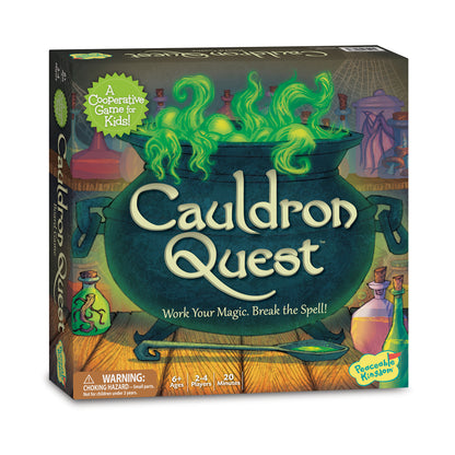 Cauldron Quest board game box featuring a glowing green cauldron with magical swirling potion, fantasy-themed background, and text reading 'Work Your Magic. Bre