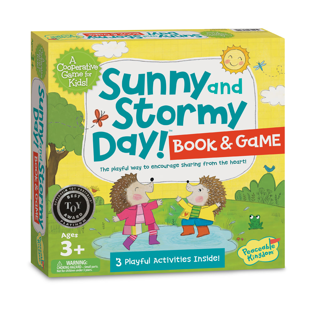 Sunny and Stormy Day! Book & Game box showing two hedgehog characters playing in a puddle, with sun and clouds, ages 3+