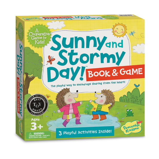 Sunny and Stormy Day! Book & Game box showing two hedgehog characters playing in a puddle, with sun and clouds, ages 3+