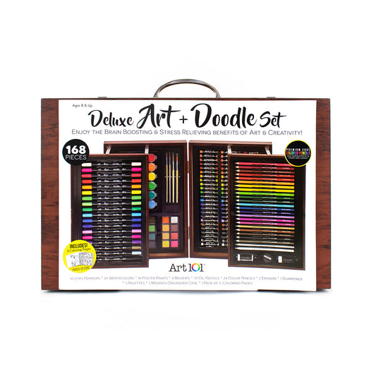 Art 101 Deluxe Art & Doodle Set with 168 pieces including markers, watercolors, colored pencils, pastels, brushes, and wooden organizer case