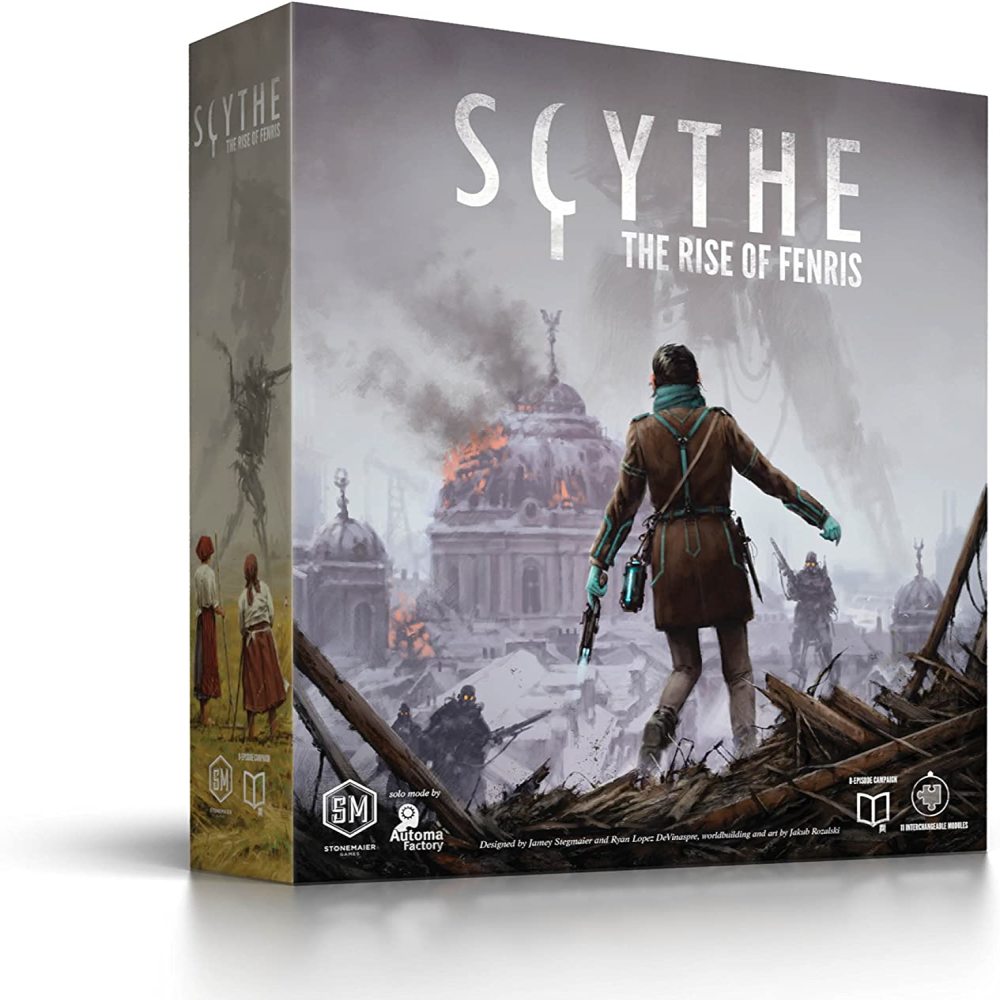 Scythe: The Rise of Fenris board game box showing a character in brown coat standing on rubble overlooking a dystopian cityscape with burning domes
