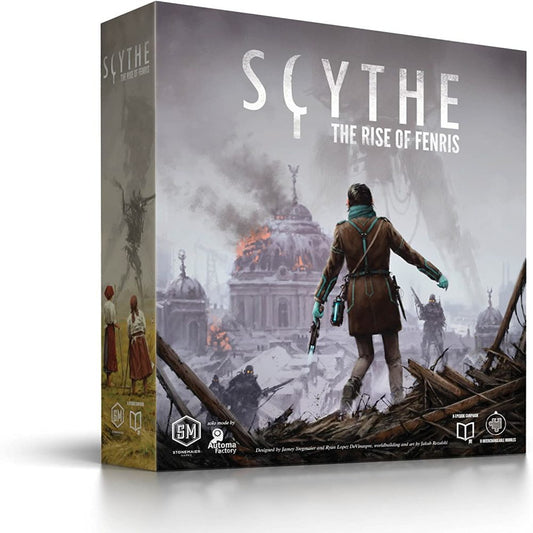 Scythe: The Rise of Fenris board game box showing a character in brown coat standing on rubble overlooking a dystopian cityscape with burning domes
