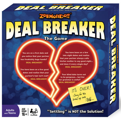 Deal Breaker Party Card Game by Zobmondo box featuring a broken heart with neon glow and game scenarios, for ages 16+ and 2+ players