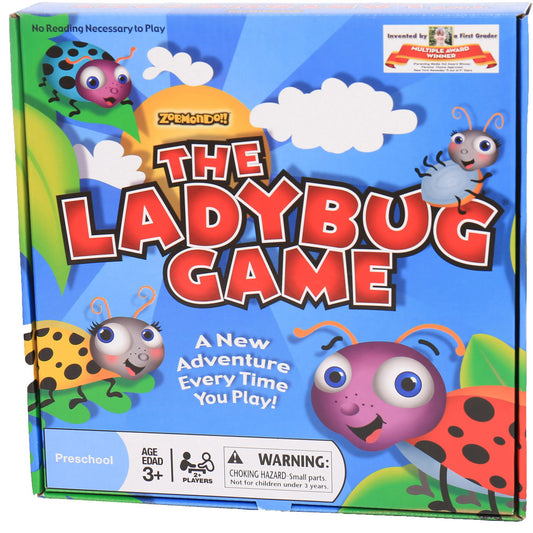 The Ladybug Game by Zobmondo board game box featuring colorful ladybug characters on blue background with clouds, labeled preschool age 3+, no reading necessary