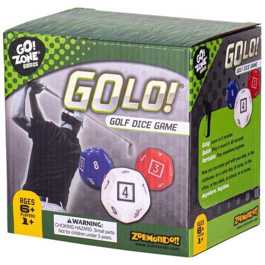 GOLO Golf Dice Game box by Zobmondo, showing three colored dice (blue, white, red) with numbers, golfer silhouette, and green polka-dot branding for ages 6+