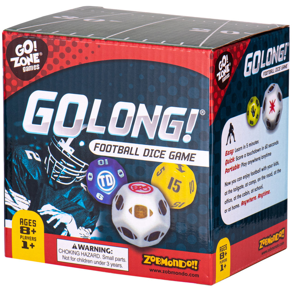 GoLong! Football Dice Game box by Zobmondo showing colorful polyhedral dice, a white soccer ball die, and purple numbered die against dark blue and red packagin