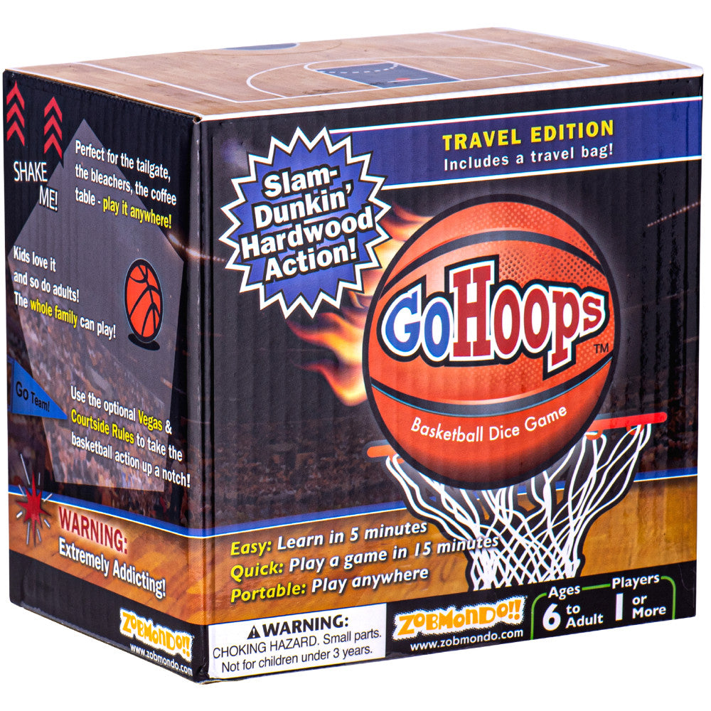 GoHoops Basketball Dice Game box showing orange basketball above white net, with text 'Slam Dunkin' Hardwood Action' and 'Travel Edition' label