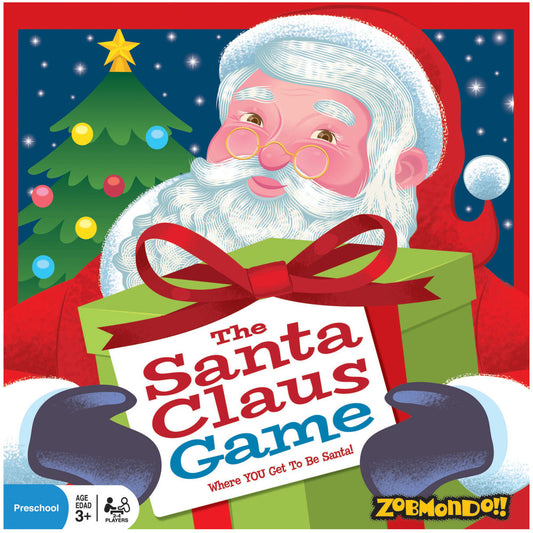 The Santa Claus Game box cover featuring Santa holding a wrapped gift, decorated Christmas tree, and tagline 'Where You Get To Be Santa!' by Zobmondo!!