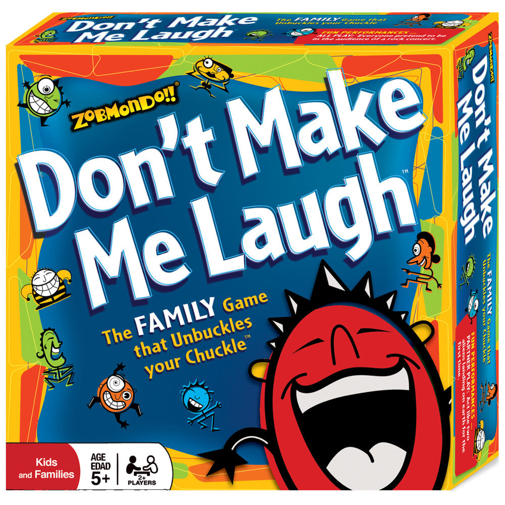 Don't Make Me Laugh! Family Game by Zobmondo!! board game box featuring colorful cartoon characters and a large red laughing face with spiky hair
