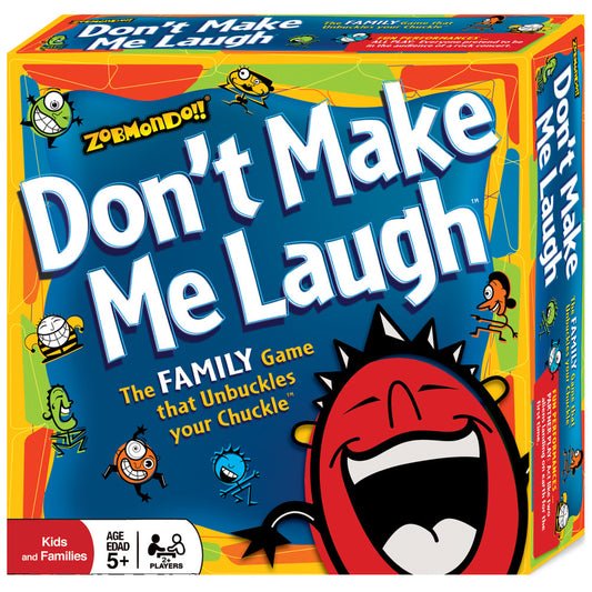 Don't Make Me Laugh! Family Game by Zobmondo!! board game box featuring colorful cartoon characters and a large red laughing face with spiky hair