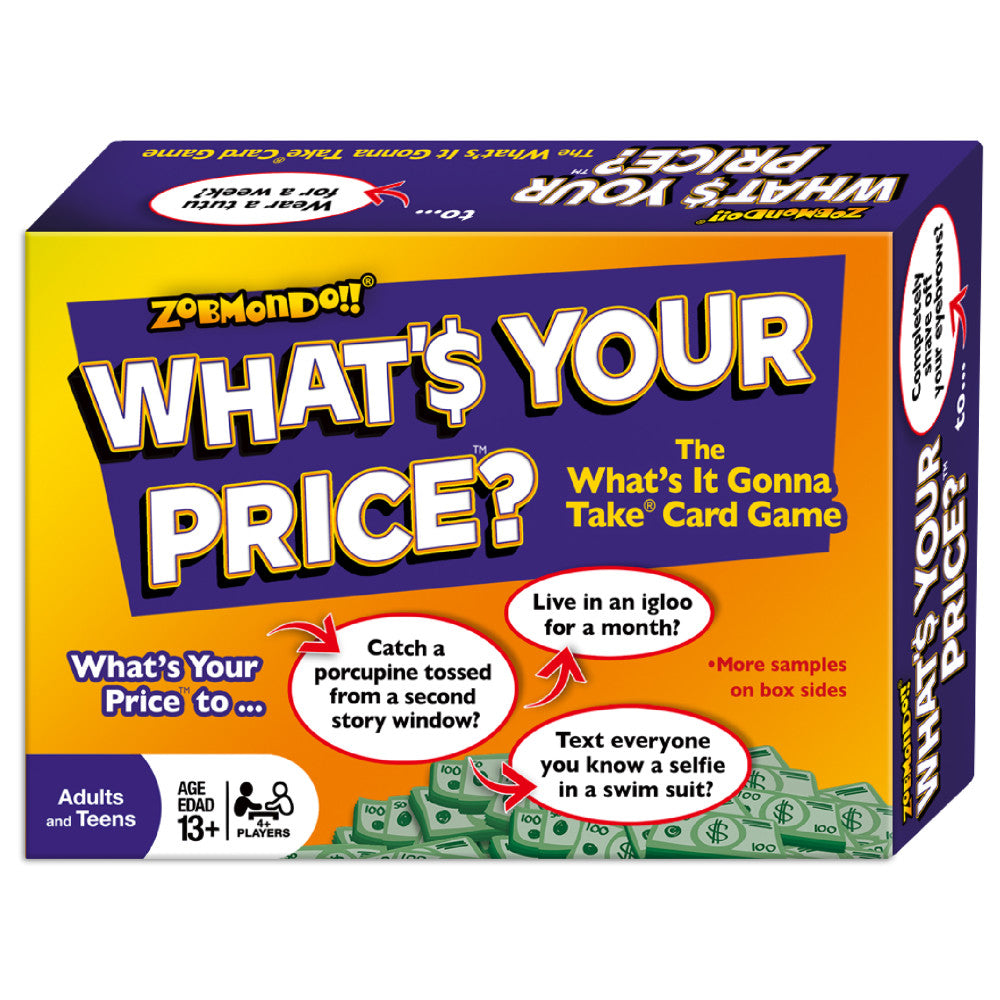 What's Your Price card game box by Zobmondo, featuring colorful purple and yellow packaging with scenario prompts and play images showing money and game cards f