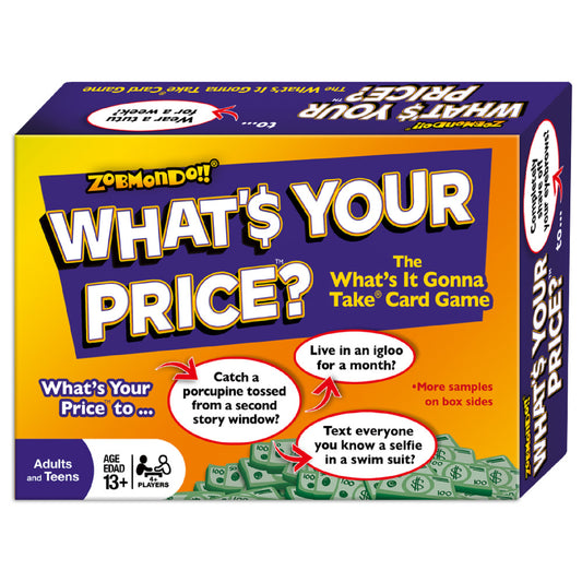 What's Your Price card game box by Zobmondo, featuring colorful purple and yellow packaging with scenario prompts and play images showing money and game cards f