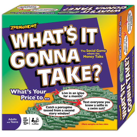 What's It Gonna Take Party Board Game box by Zobmondo, a social question game for teens and adults ages 13+, featuring colorful graphics with money imagery and