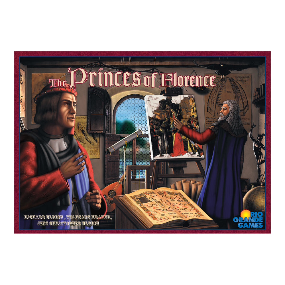 The Princes of Florence board game box showing Renaissance Italian figures in a scholar's study with artwork, maps, and an open manuscript on a table