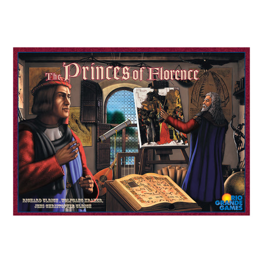 The Princes of Florence board game box showing Renaissance Italian figures in a scholar's study with artwork, maps, and an open manuscript on a table