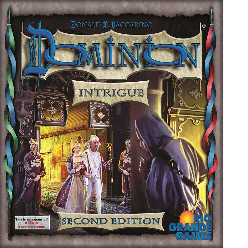 Dominion: Intrigue Second Edition board game expansion box by Donald X. Vaccarino, featuring medieval fantasy artwork with characters in ornate palace setting