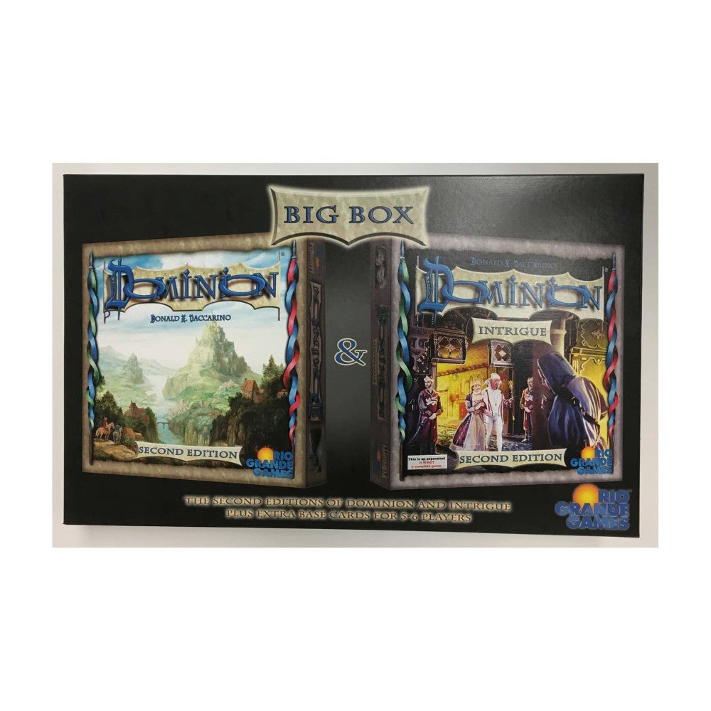 Dominion Big Box II board game packaging showing two Second Edition card game boxes side by side with fantasy landscape and intrigue artwork, plus extra cards f