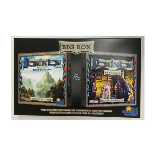 Dominion Big Box II board game packaging showing two Second Edition card game boxes side by side with fantasy landscape and intrigue artwork, plus extra cards f