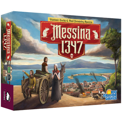 Messina 1347 board game box showing medieval characters with a horse-drawn cart overlooking a coastal Italian city with mountains and sea