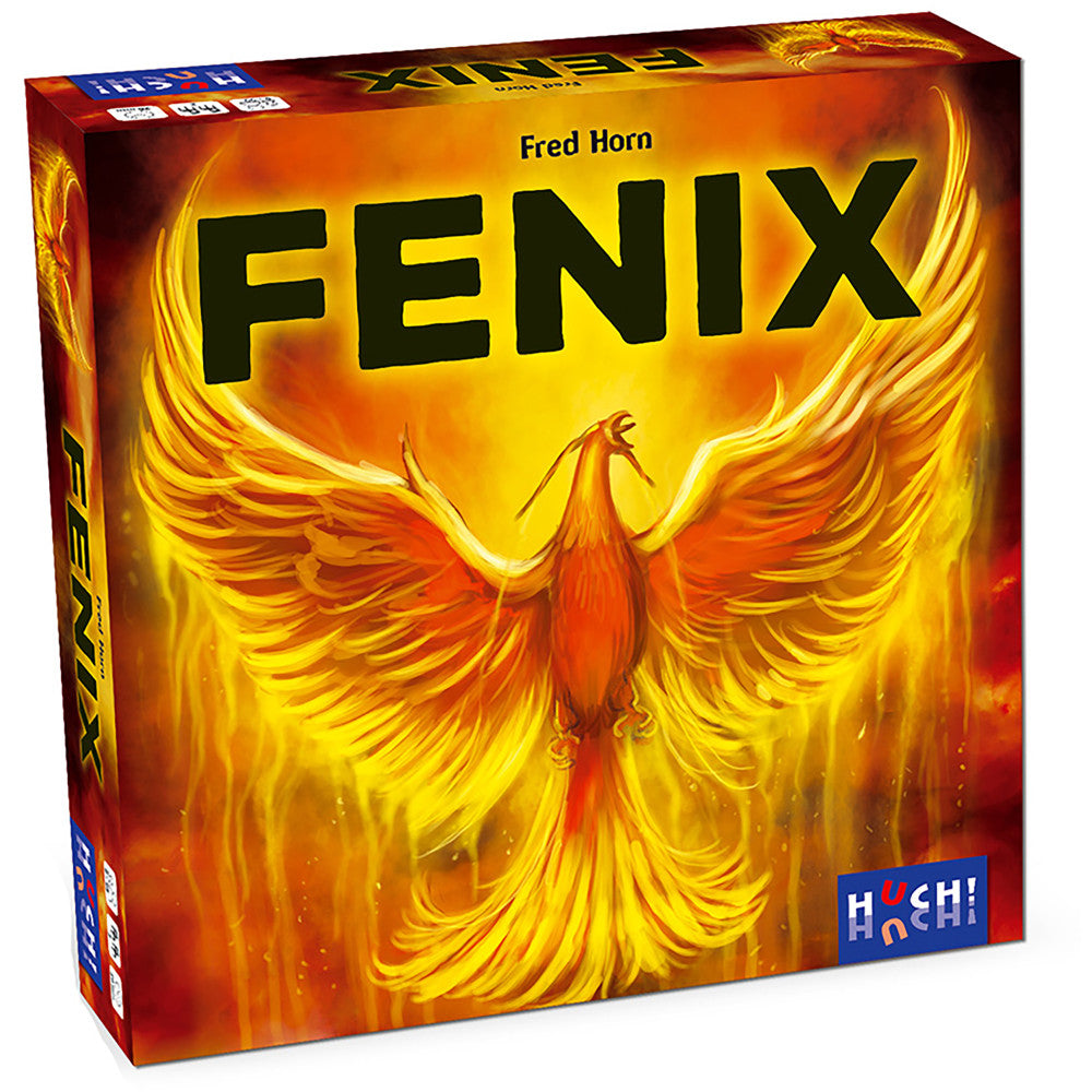 FENIX board game box by Fred Horn featuring a golden phoenix with spread wings against an orange and yellow flame background
