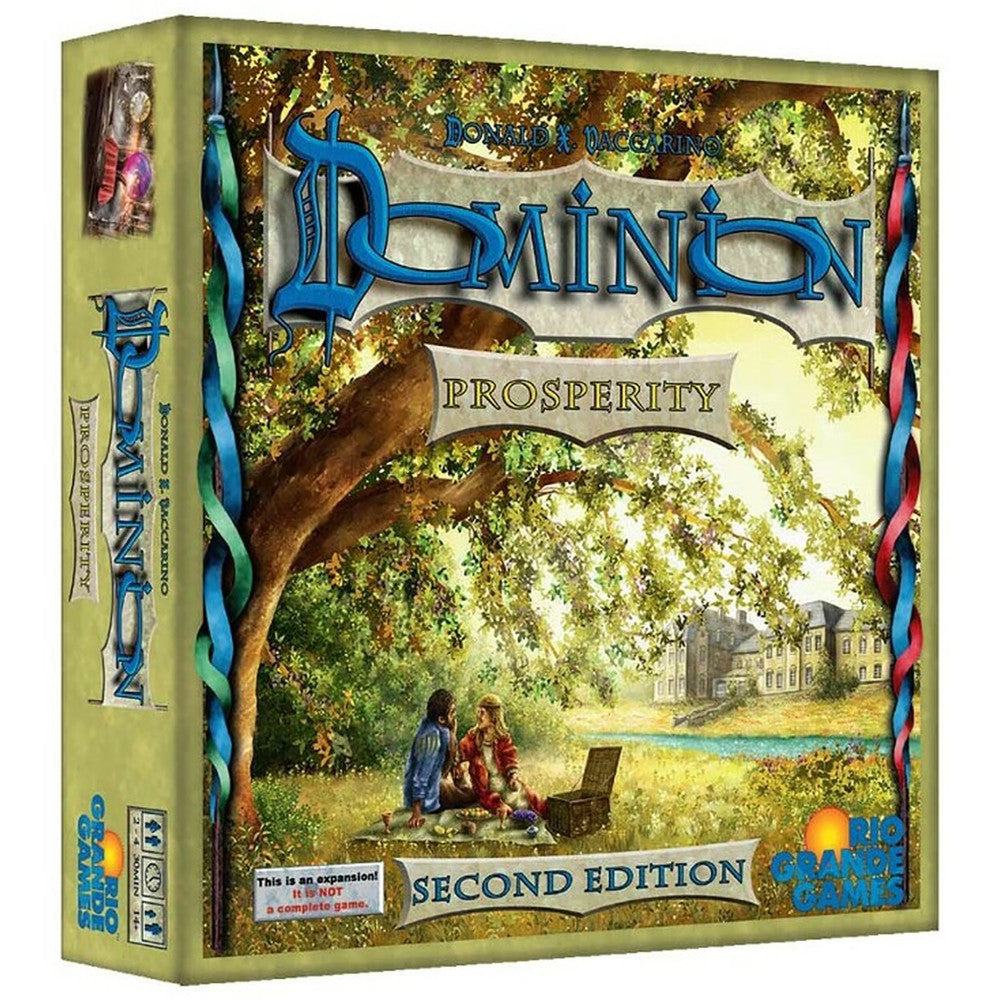 Dominion: Prosperity 2nd Edition Expansion board game box featuring blue ornate lettering, fantasy woodland scene with figures by a tree, and colorful twisted r