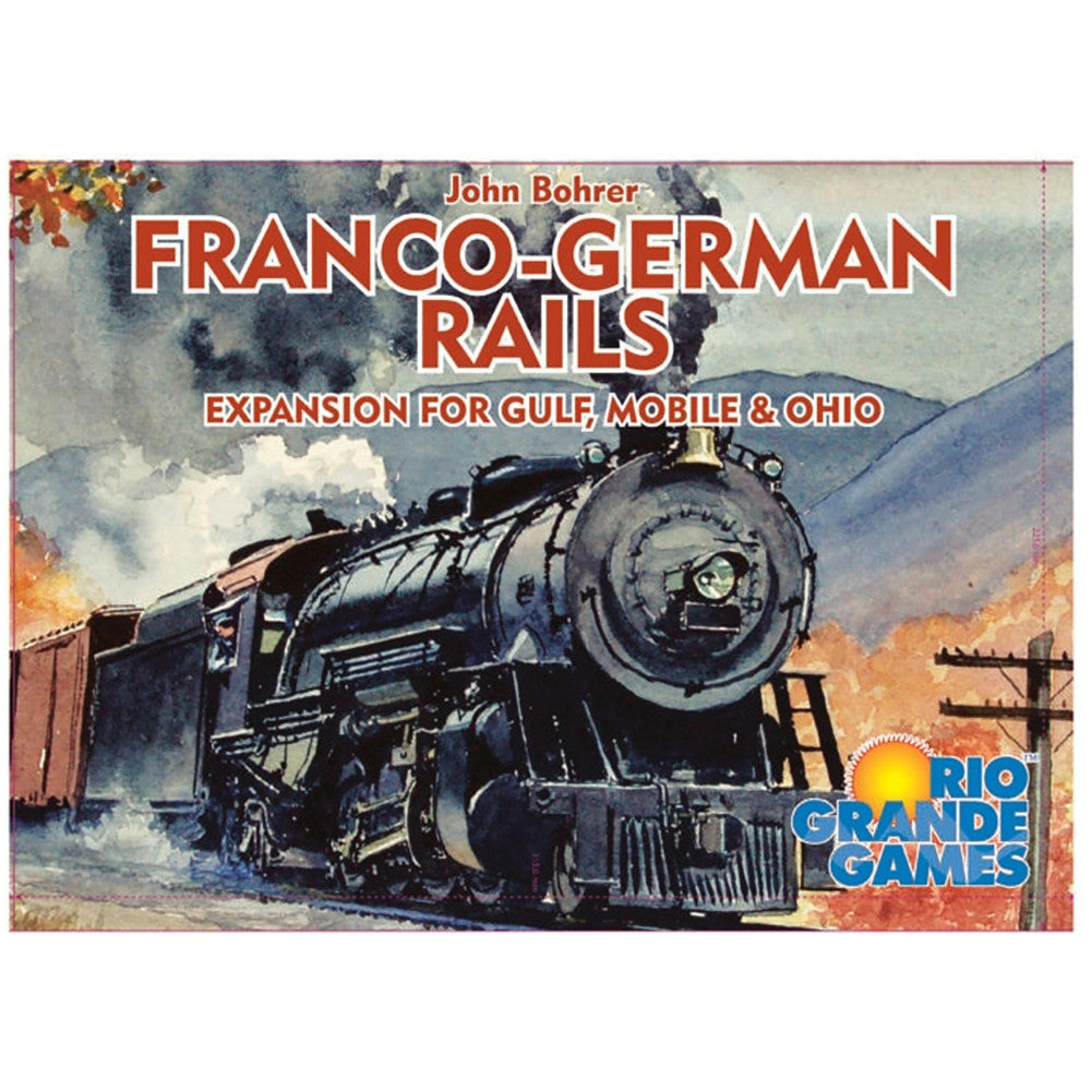 Franco-German Rails Expansion for Gulf, Mobile & Ohio board game box cover by John Bohrer, published by Rio Grande Games, featuring a vintage steam locomotive i