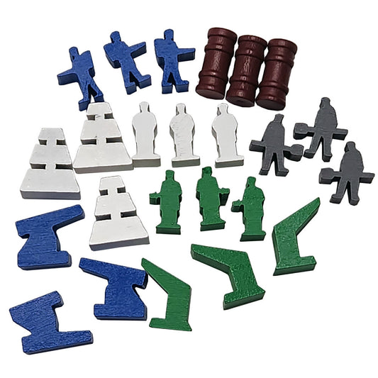 Wooden game pieces in blue, white, green, and brown including player figures, worker tokens, cylindrical barrels, and pyramid-shaped buildings for board game pl