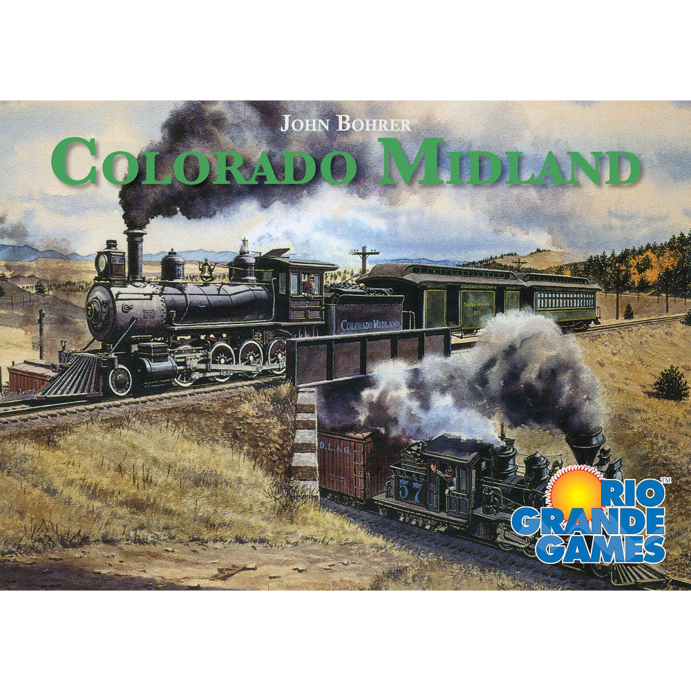 Colorado Midland board game box cover by Rio Grande Games featuring vintage steam locomotives on tracks through mountainous landscape with author John Bohrer's