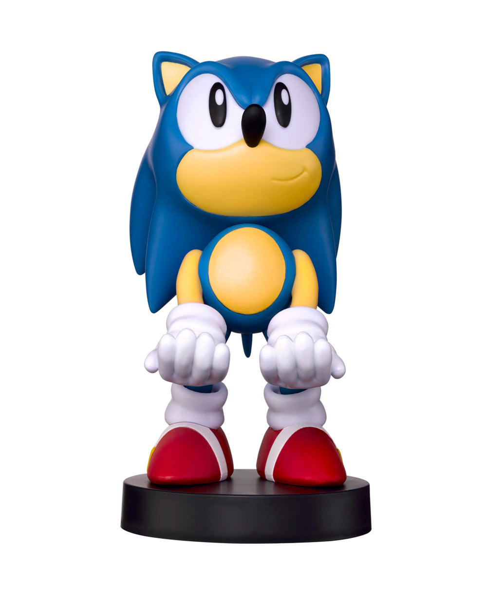 Blue Sonic the Hedgehog character figure with yellow accents, white gloves, and red shoes on black base