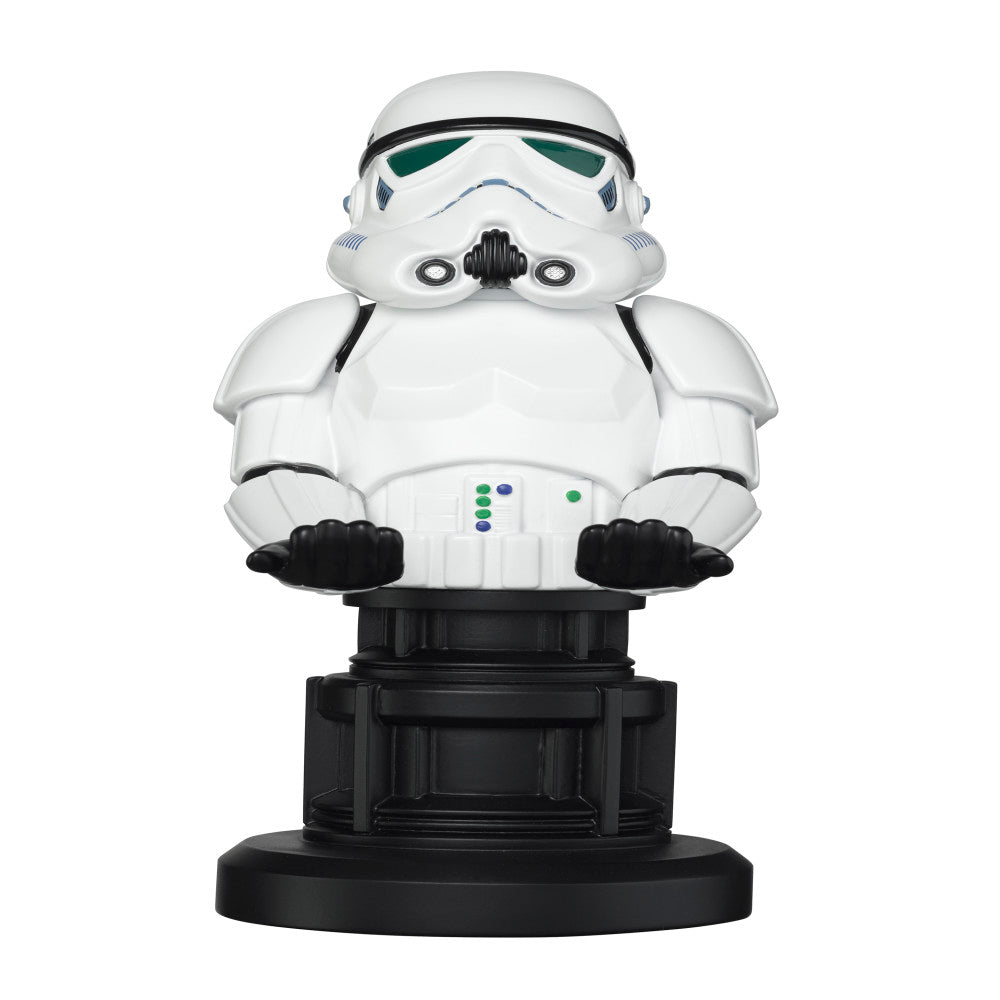 Star Wars Stormtrooper Cable Guy device holder, white and black armor with helmet on black pedestal base