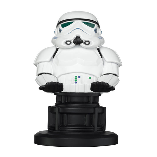 Star Wars Stormtrooper Cable Guy device holder, white and black armor with helmet on black pedestal base