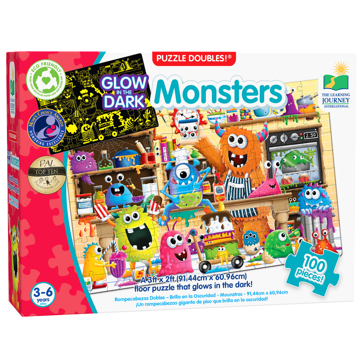 Monsters Puzzle Doubles 100-piece glow-in-the-dark floor puzzle with colorful monsters