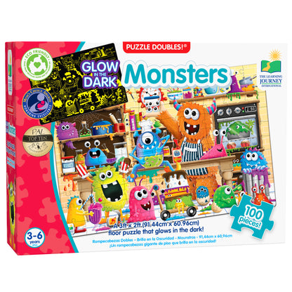 Monsters Puzzle Doubles 100-piece glow-in-the-dark floor puzzle with colorful monsters
