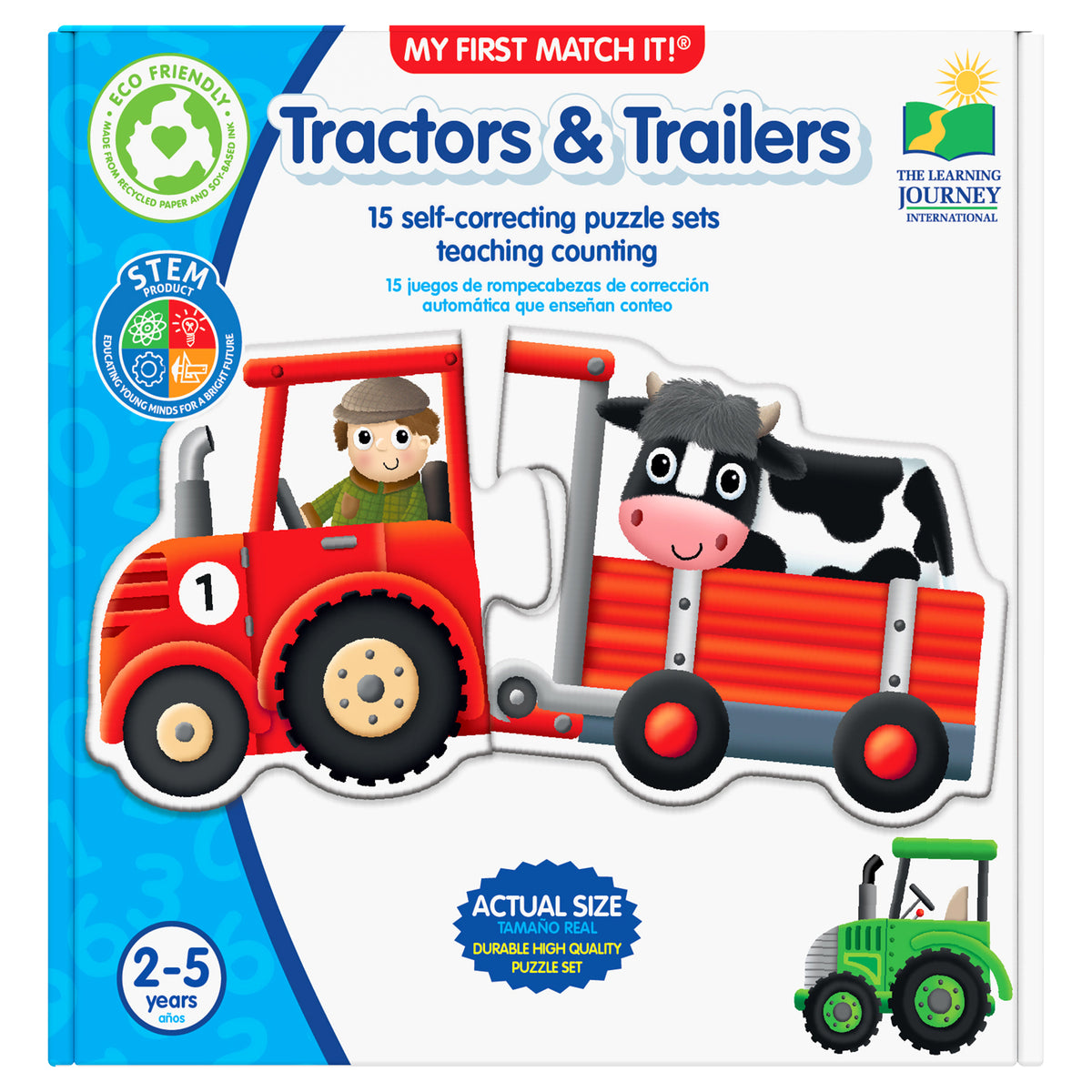 My First Match It Tractors & Trailers puzzle set with red tractor, cow trailer, and farmer character for ages 2-5