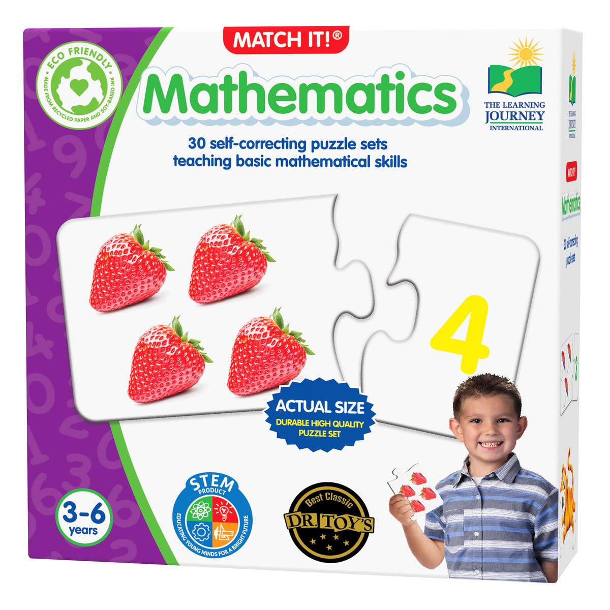 Match It Mathematics puzzle set with strawberry counting card showing number 4