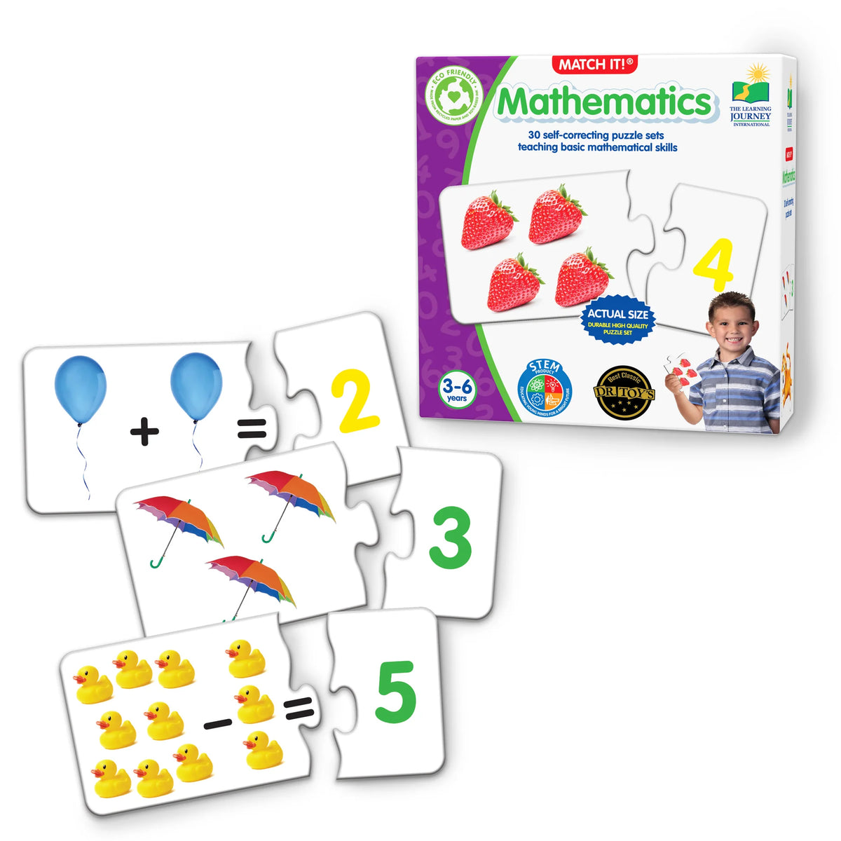 Match It Mathematics puzzle set with colorful cards showing counting, addition and subtraction problems with balloons...