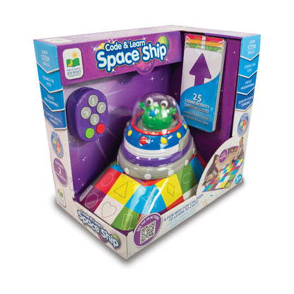 Code & Learn Space Ship interactive coding toy with colorful rocket body, googly-eyed alien character, purple remote control, and 25 activity cards included