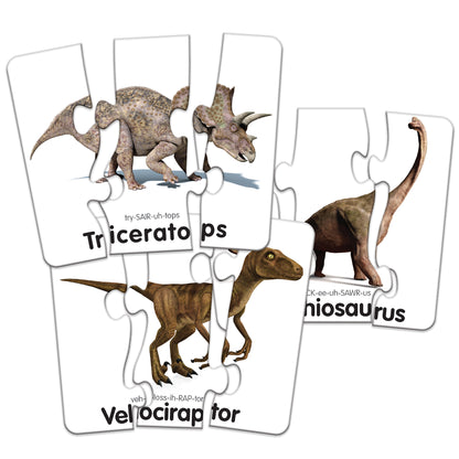 Head To Tail Dinos Match It puzzle set showing Triceratops, Brachiosaurus, and Velociraptor matching cards