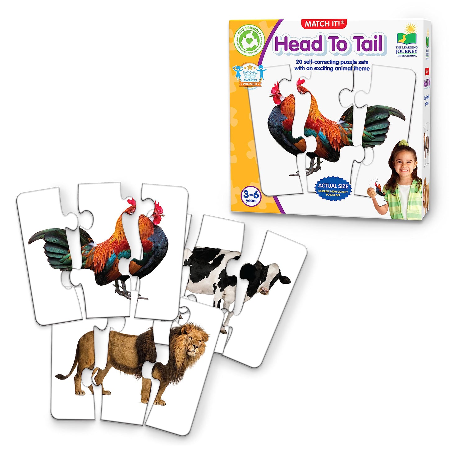 Match It Head to Tail Animal Puzzle Cards showing rooster, cow, and lion puzzle pieces with colorful animal images