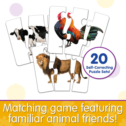 Match It! Head to Tail Animal Puzzle Cards showing cow, roosters, and lion with self-correcting puzzle pieces